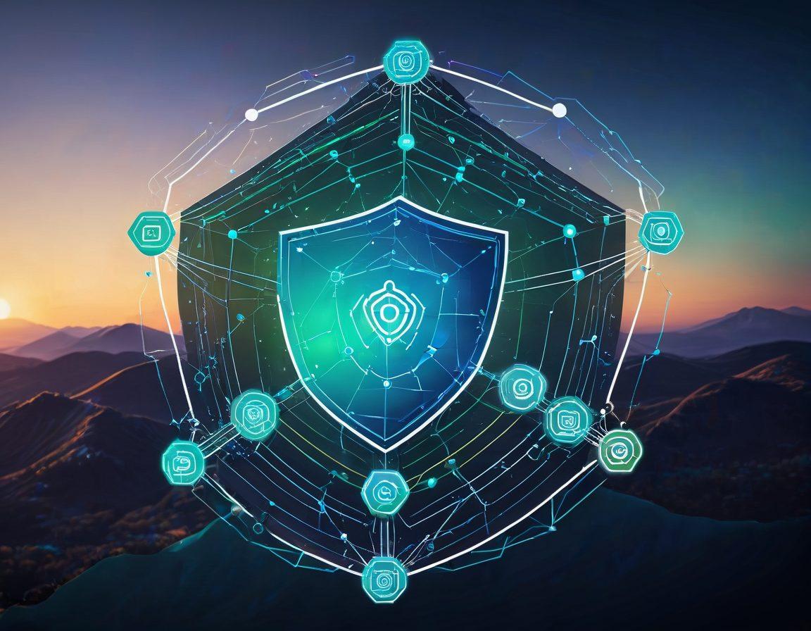 A futuristic digital landscape showcasing an intricate network of interconnected nodes representing online platforms, with a sleek shield symbolizing robust web security at the center. Bright hues of blue and green highlight the energy and dynamism of digital marketing. The backdrop should include abstract representations of social media icons and graphs showing upward trends. digital art. vibrant colors. cyber-sleek style.