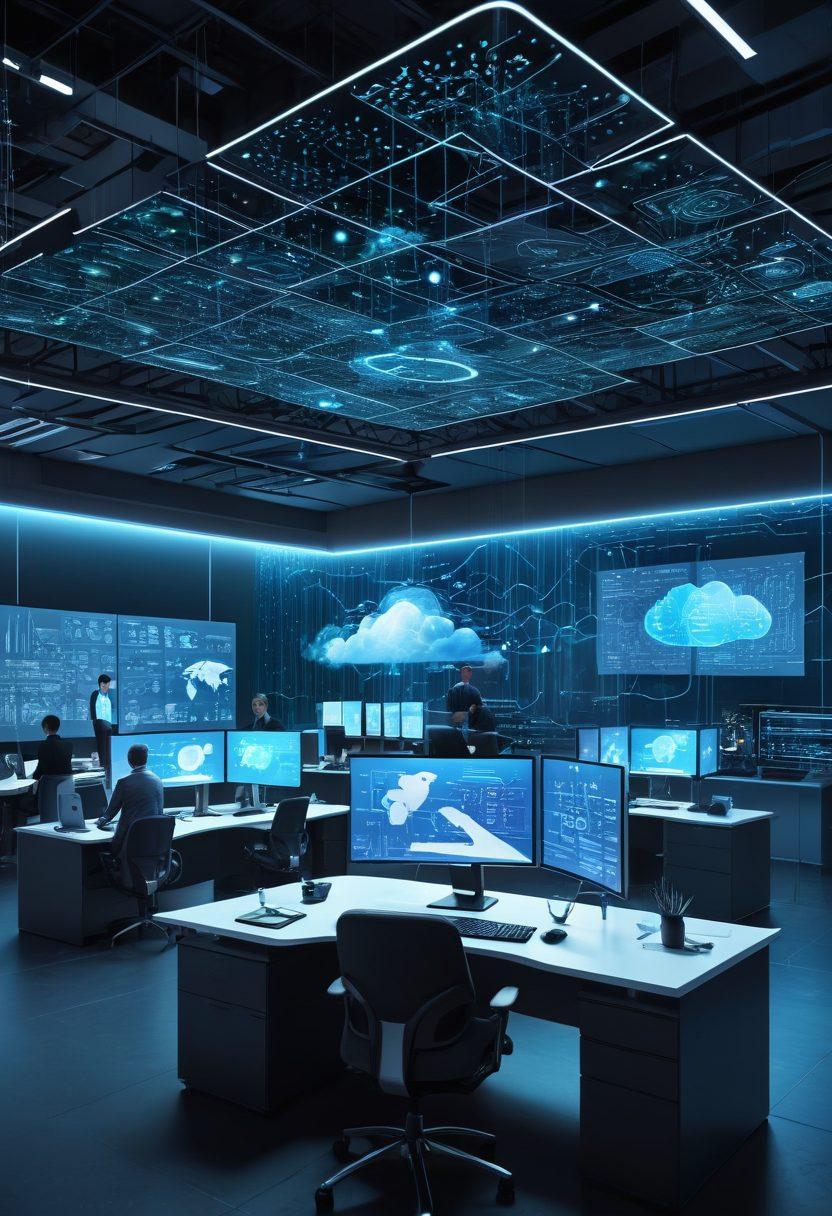 A futuristic office space with holographic screens showing seamless network connections and cloud computing diagrams, with IT professionals collaborating in front of advanced technology workstations. The entire scene exudes a sense of synergy and modernity. 3D. super-realistic. vibrant colors.